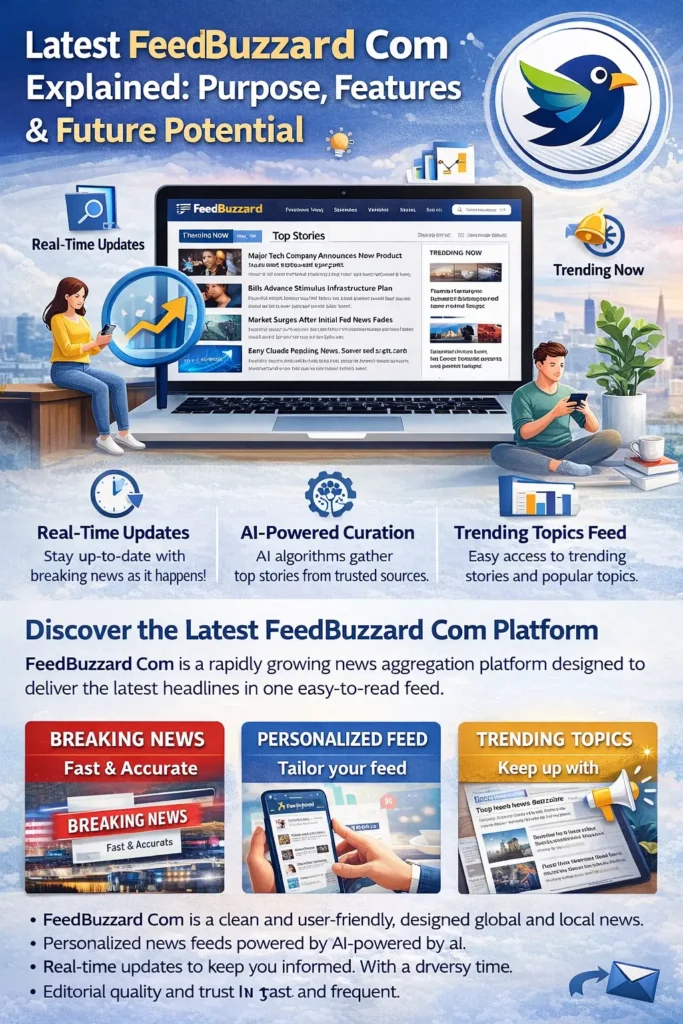 Latest Feedbuzzard Com blog infographic showing AI-powered news aggregation, real-time updates, trending topics feed, personalized news features, and mobile-friendly interface design
