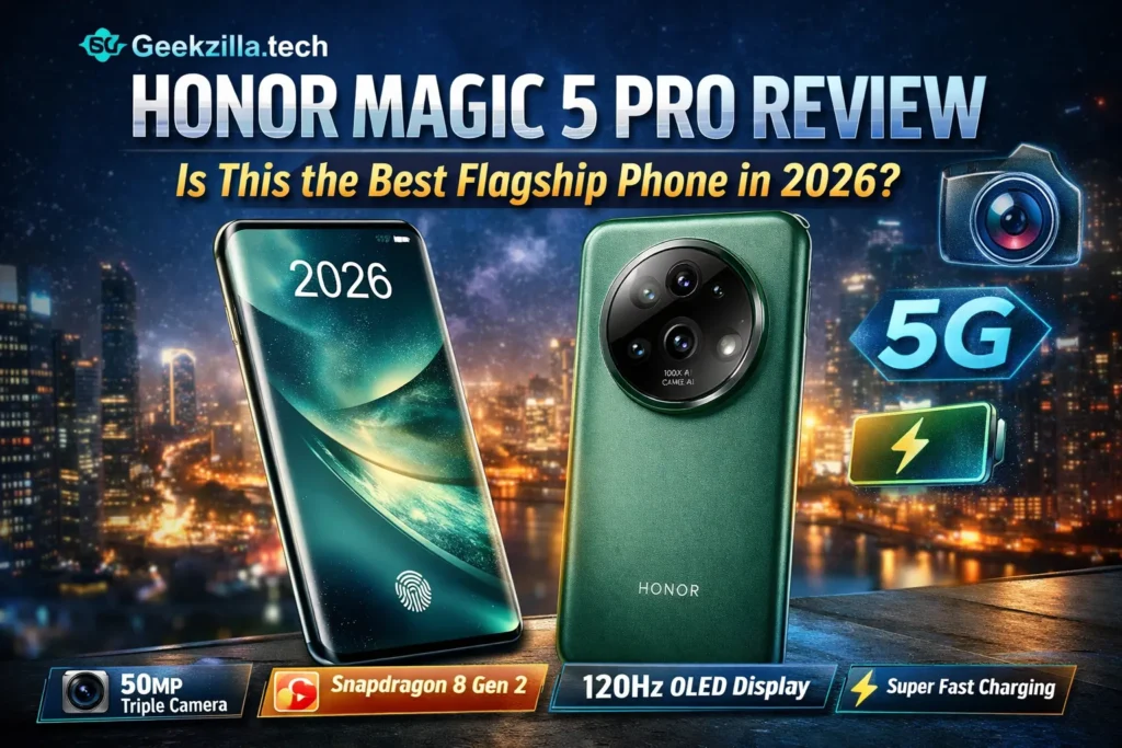 Geekzilla.tech Honour Magic 5 Pro review image showing 120Hz OLED display, 50MP triple camera, Snapdragon 8 Gen 2 and 5G features