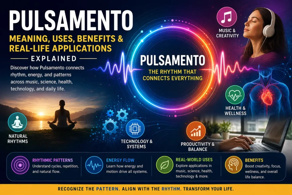 Pulsamento concept illustration showing rhythmic pulse, energy flow, patterns, and real-life applications in music, health, and technology