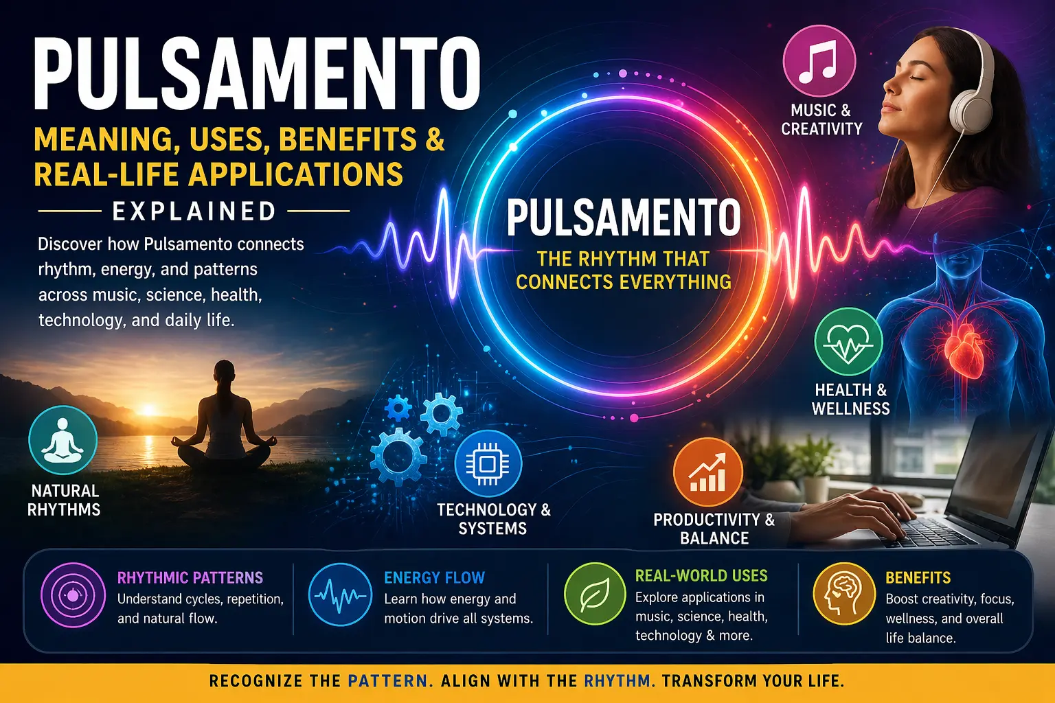 Pulsamento concept illustration showing rhythmic pulse, energy flow, patterns, and real-life applications in music, health, and technology