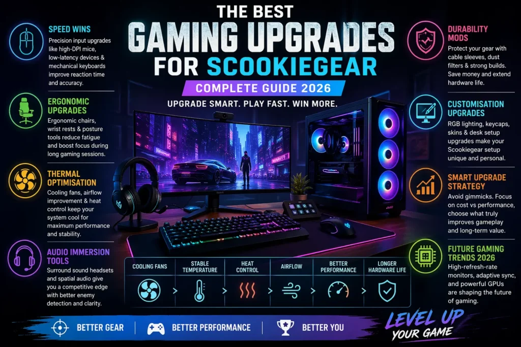 High-detail gaming setup infographic showing best gaming upgrades for Scookiegear 2026 including performance, cooling, ergonomic, audio, and customization improvements