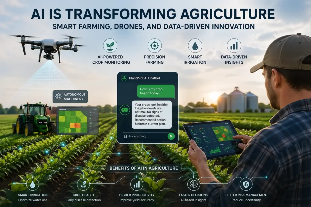 AI transforming agriculture with smart farming, drones, autonomous machinery, and chatbot-driven crop monitoring for data-driven farming innovation
