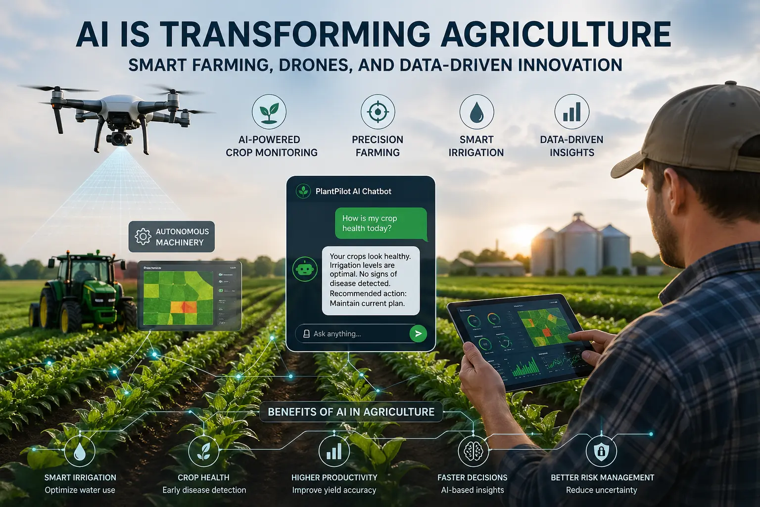 AI transforming agriculture with smart farming, drones, autonomous machinery, and chatbot-driven crop monitoring for data-driven farming innovation