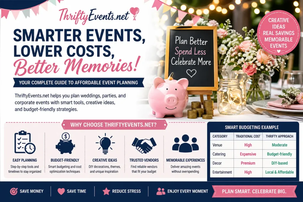 Colorful infographic for ThriftyEvents.net showing affordable event planning tips, budget savings strategies, DIY ideas, and smart tools for weddings, parties, and corporate events