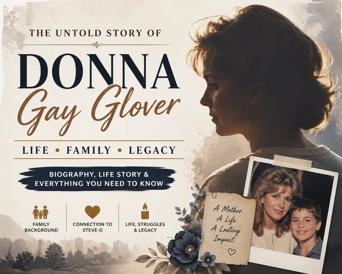 Donna Gay Glover biography banner showing her life story, family background, and legacy with connection to Steve-O