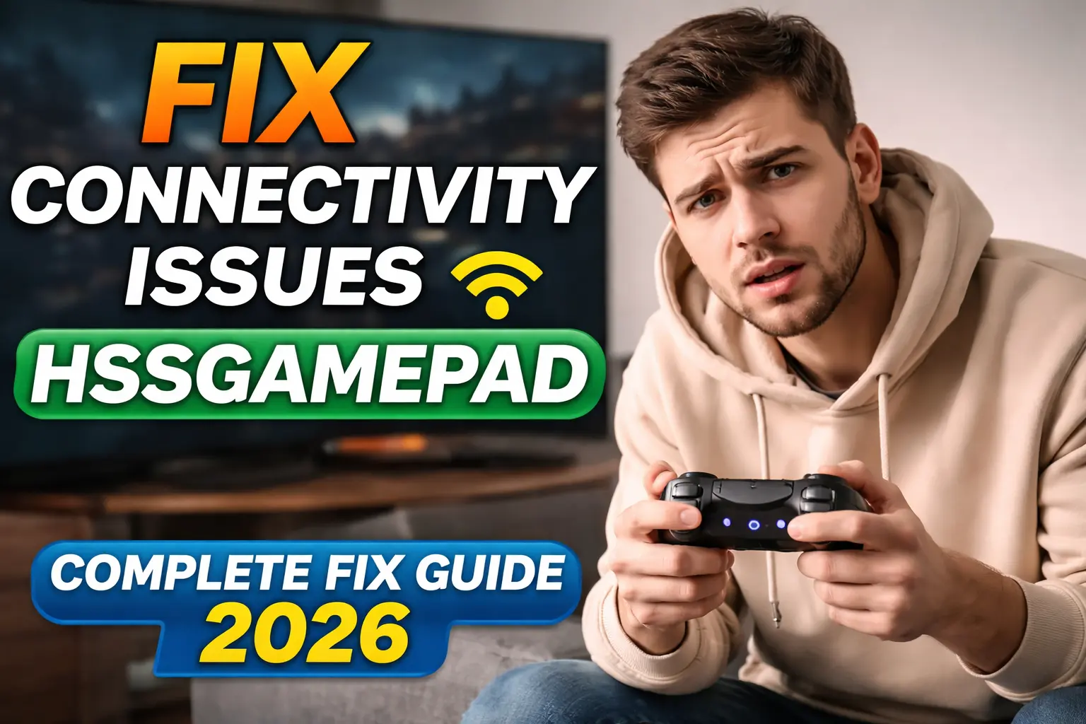 Man holding HSSGamepad facing connectivity issues while gaming, showing how to fix HSSGamepad not connecting, lag, and Bluetooth problems in 2026 guide