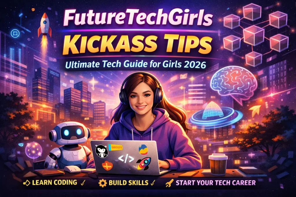 FutureTechGirls Kickass Tips illustration showing a girl learning coding, building tech skills, and starting a technology career in 2026