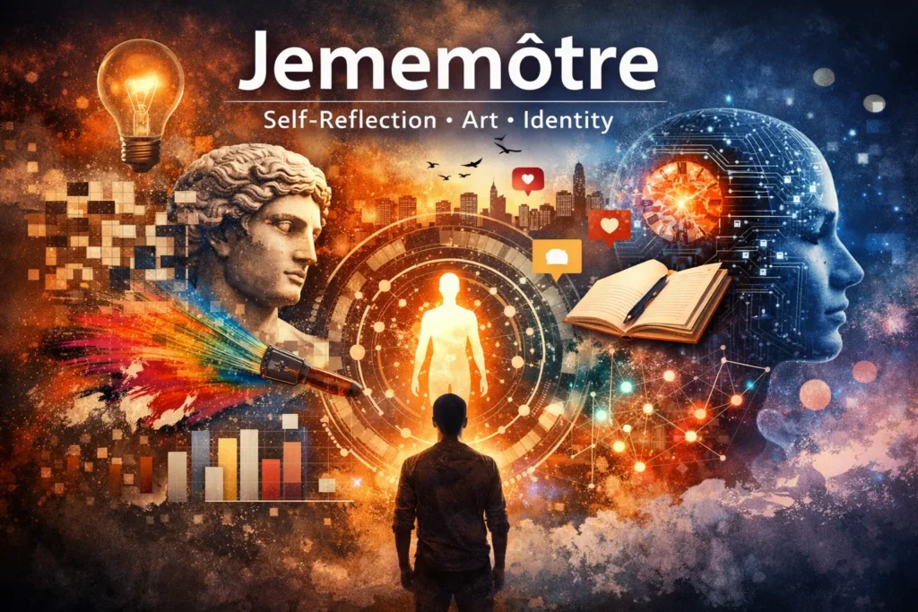 Jememôtre concept illustration showing self-reflection, identity, digital art, and modern culture