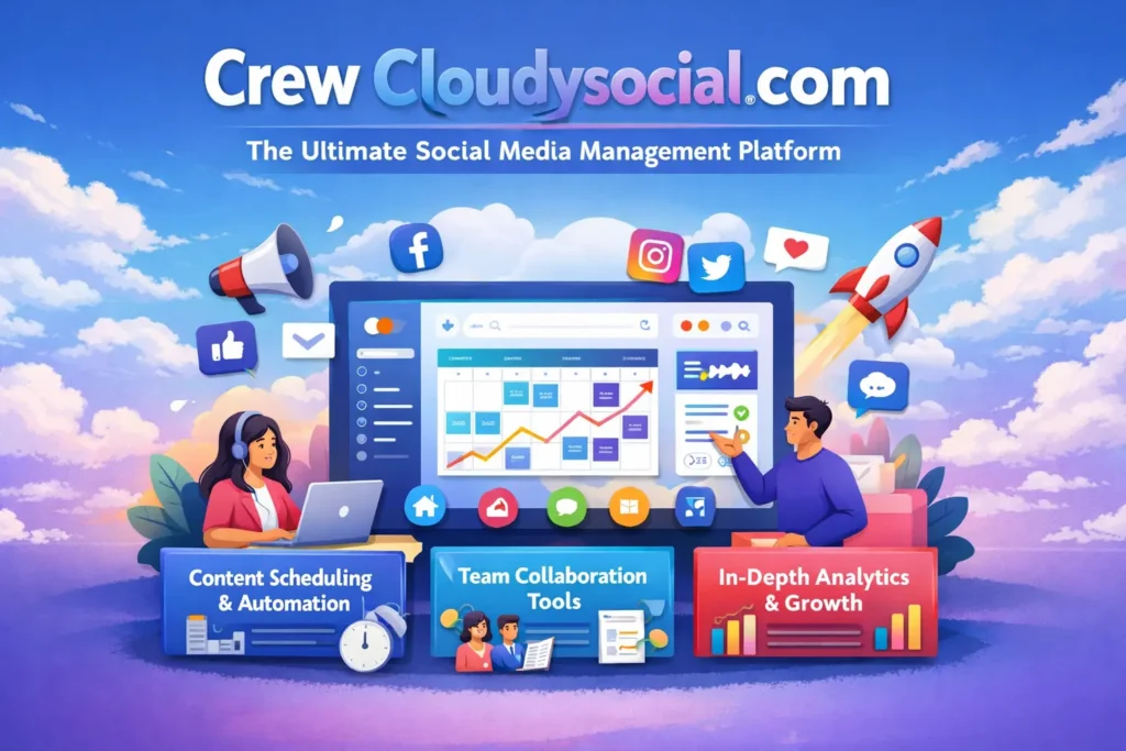 Crew Cloudysocial com dashboard showing content scheduling, team collaboration, and social media analytics tools
