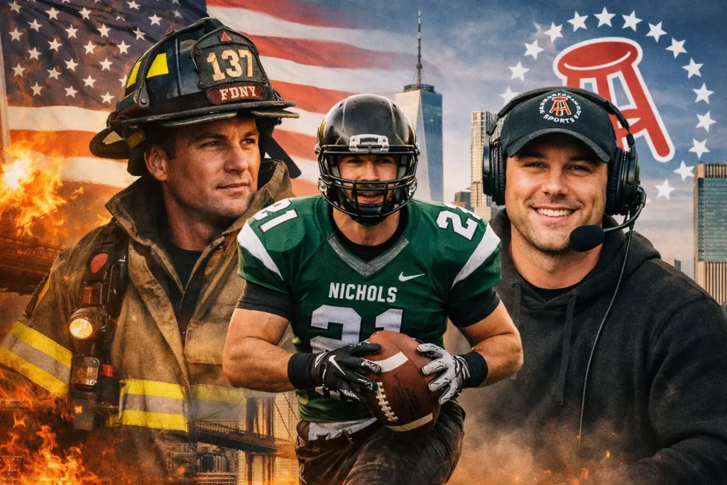 Terrence Mayrose firefighter image showing FDNY career, Nichols College football player journey, and Barstool Sports connection in New York City