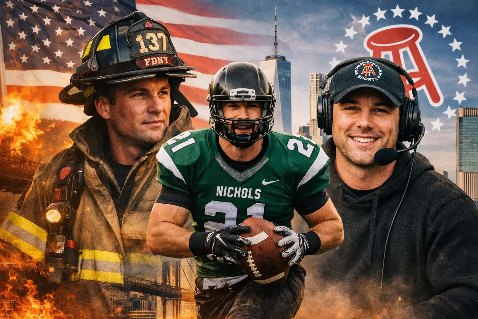 Terrence Mayrose firefighter image showing FDNY career, Nichols College football player journey, and Barstool Sports connection in New York City