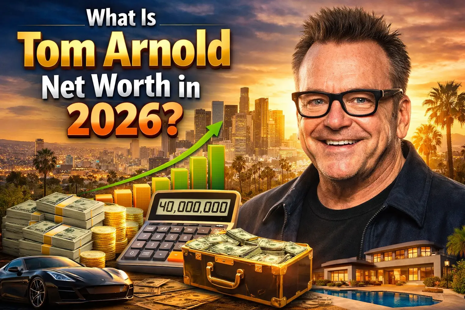 Tom Arnold net worth 2026 infographic showing salary, earnings, real estate, luxury lifestyle, and career success