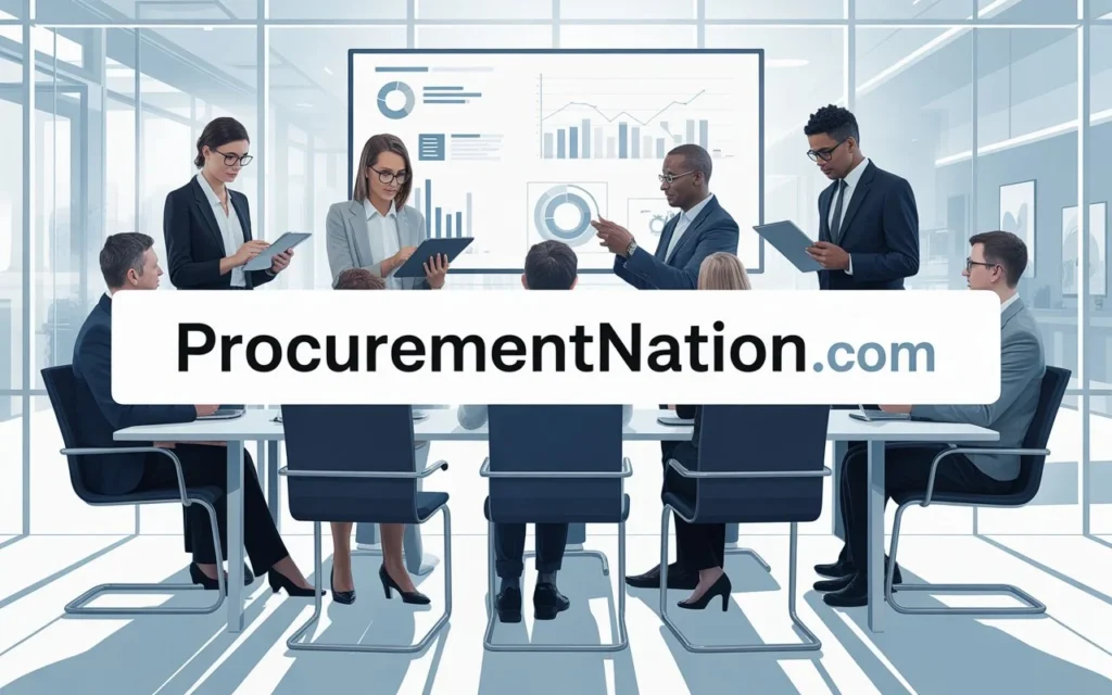 Business team analyzing procurement data and charts in a modern meeting room with ProcurementNation.com branding