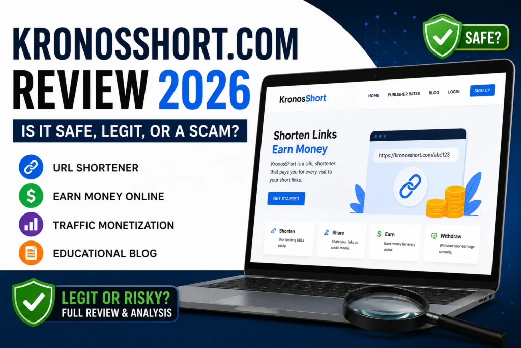 Kronosshort.com review 2026 showing website analysis, safety check, URL shortener features, and legitimacy overview