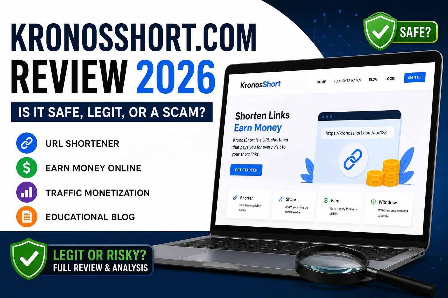 Kronosshort.com review 2026 showing website analysis, safety check, URL shortener features, and legitimacy overview