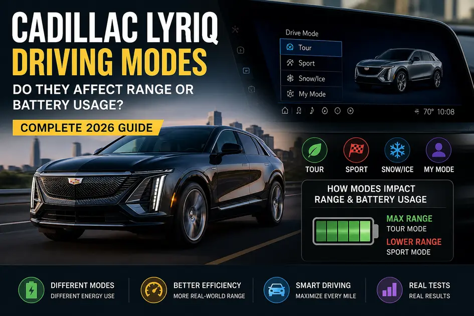 Cadillac Lyriq driving modes impact on range and battery usage showing Tour, Sport, Snow and My Mode with EV efficiency comparison