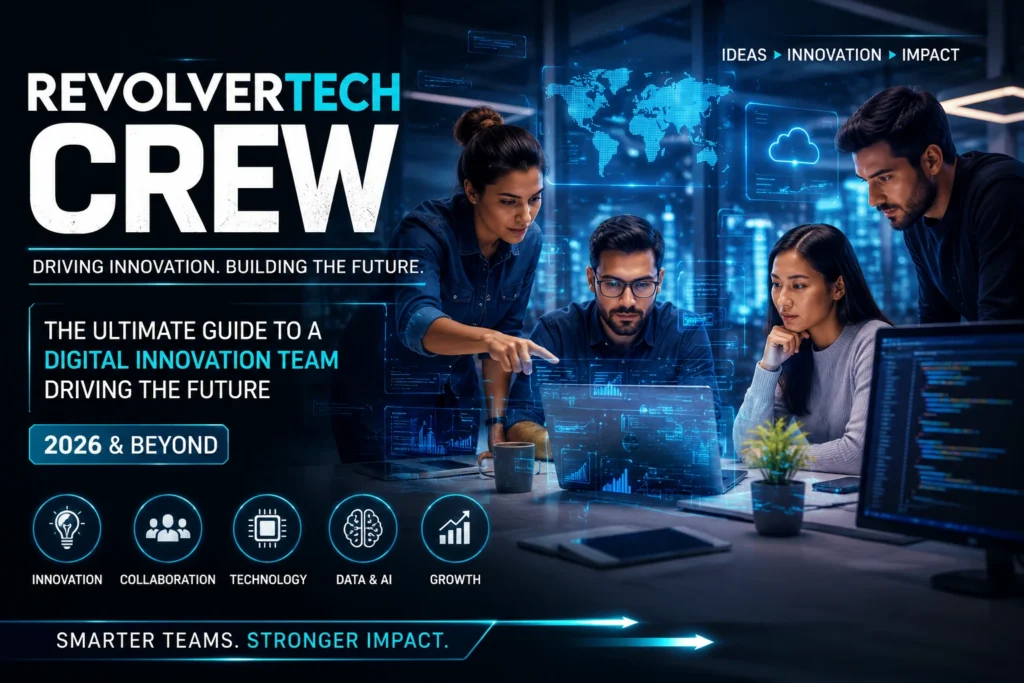 Futuristic RevolverTech Crew digital innovation team working on AI, data analytics, and technology strategy in a modern high-tech workspace