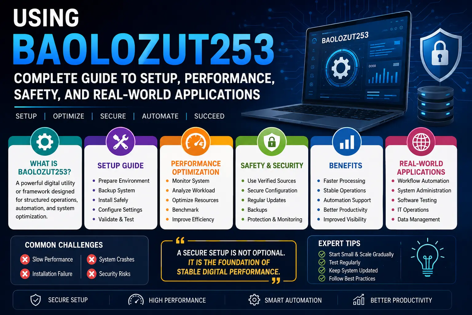 Infographic showing complete guide to using Baolozut253 including setup, performance optimization, safety, benefits, and real-world applications