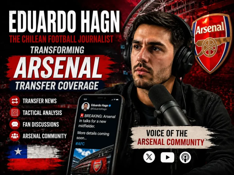 Eduardo Hagn discussing Arsenal transfer news and tactical analysis during a football podcast interview.