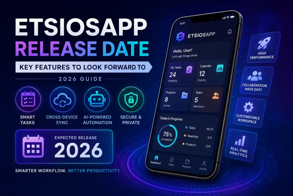 ETSIOSAPP release date 2026 feature image with futuristic productivity app dashboard