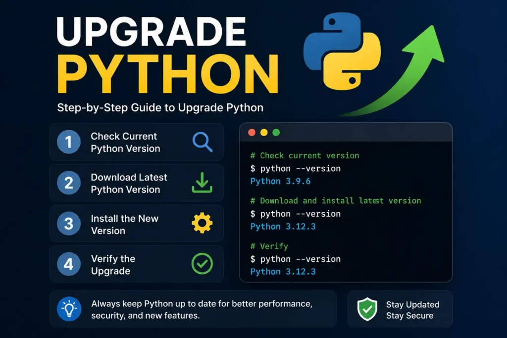 Step-by-step guide to upgrade Python showing version check, download, install, and verify process